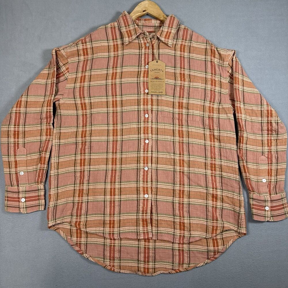 Faherty Womens Med NWT Dune Cotton Gauze Shirt Tinted Rose Water Plaid Organic